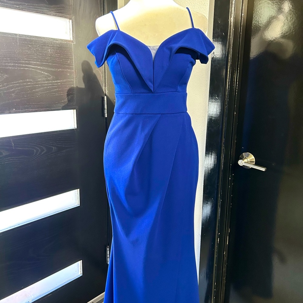 Royal Blue Slitted Ruffle Off Shoulder Formal Gown Size 0-2